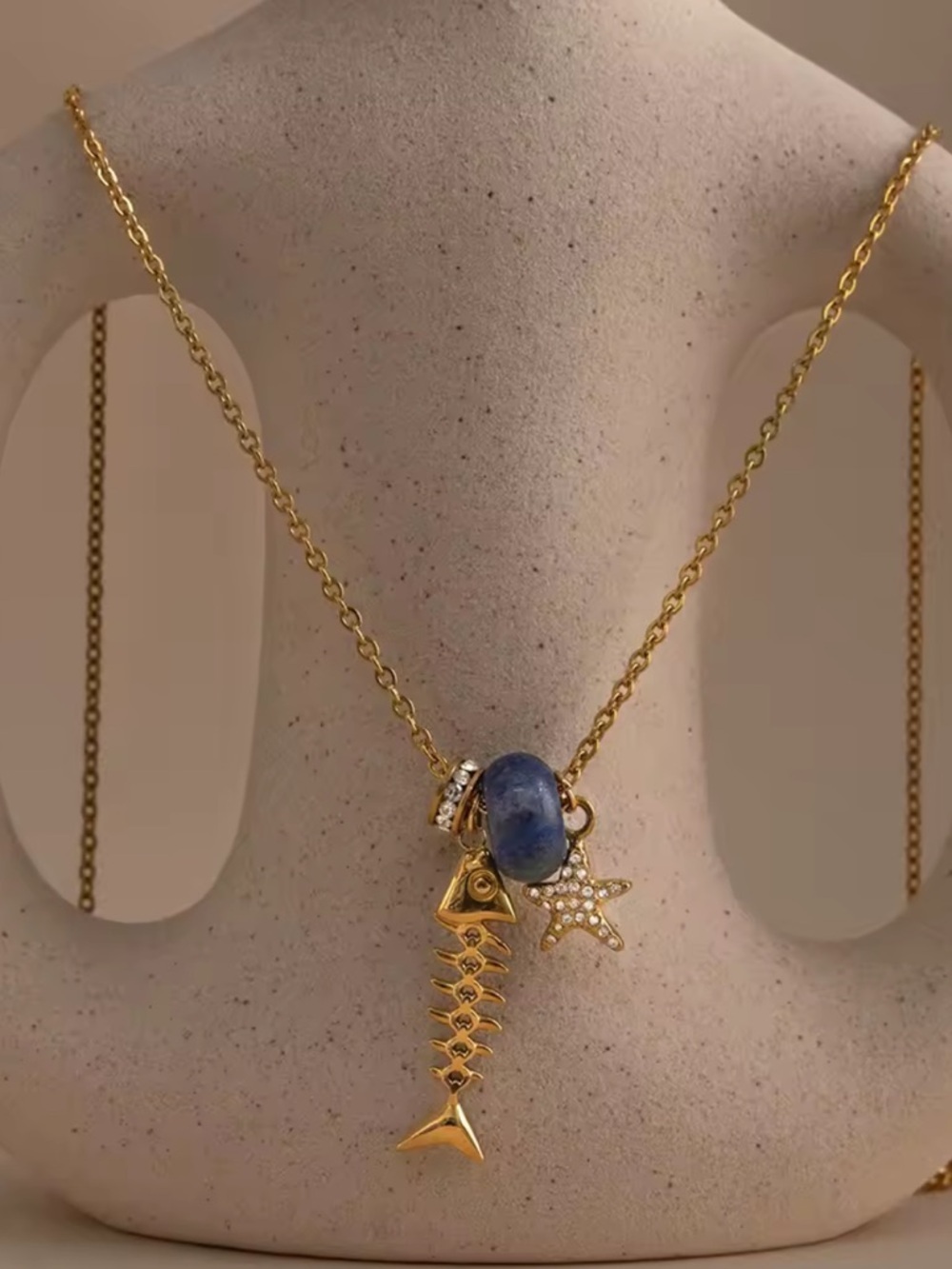 Coastal Dream Gold Fishbone Navy Stone & Star Charm Necklace